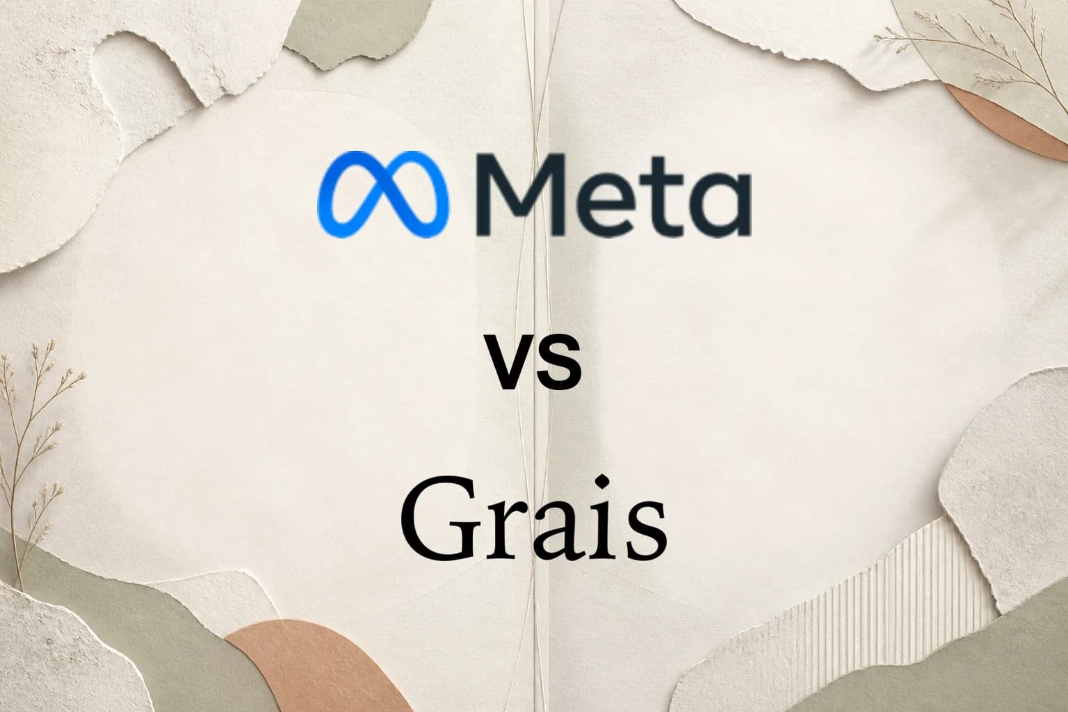 The Meta logo above a black VS, with the Grais wordmark below, on a neutral layered-paper background.