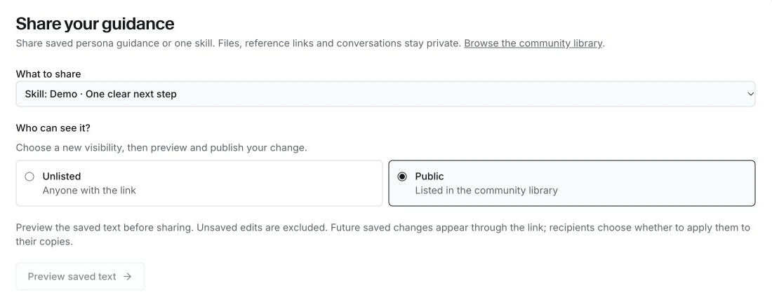 Sharing controls with Unlisted and Public visibility options.